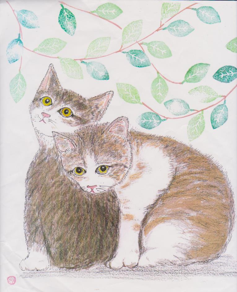 猫の絵手紙ー９６仲良し２匹猫－色紙