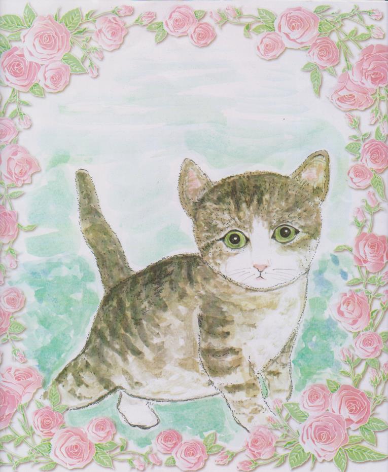 猫の絵手紙ー９７カラーの模様付き色紙に書いた猫