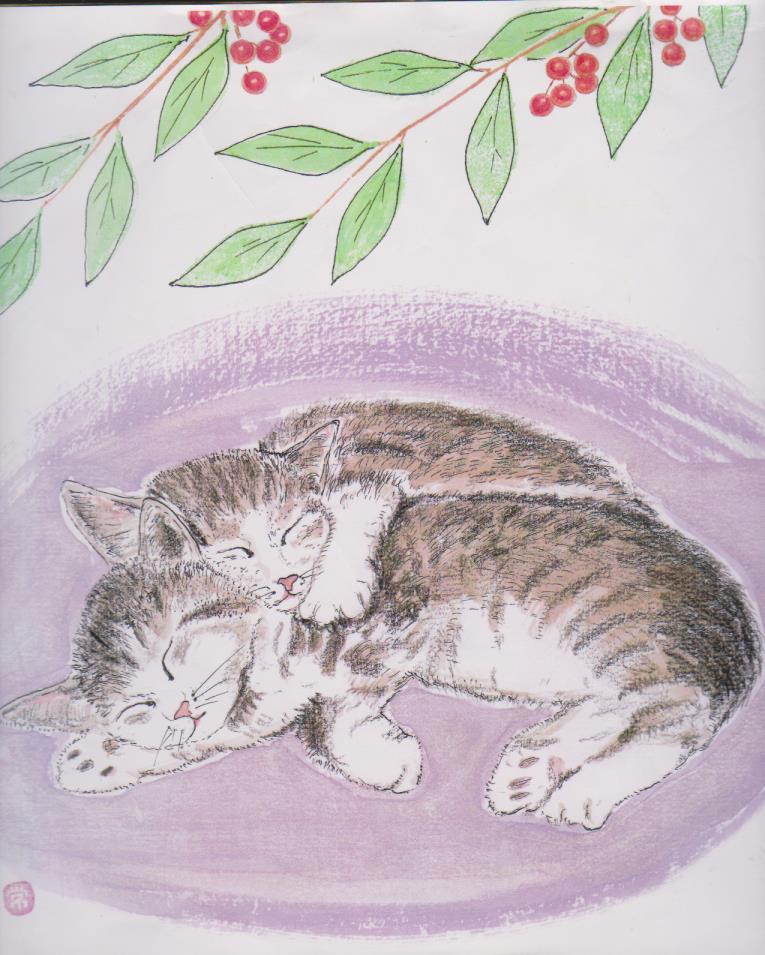 猫の絵手紙ー９８色紙ー居眠り猫２匹