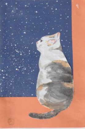 猫の絵手紙ー９１－雪を眺める猫。