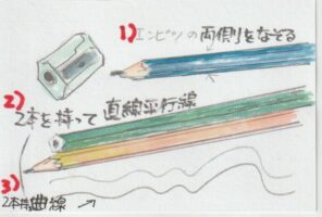 鉛筆で直線の平行線を書く画増。