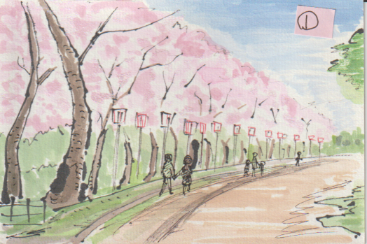 桜並木と人物の絵ー１