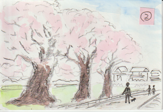 桜並木と人物の絵ー２