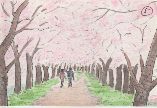 桜並木と人物の絵ー５